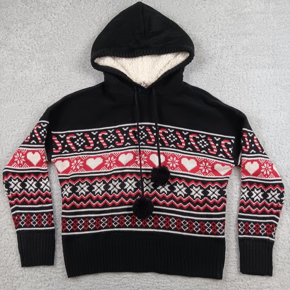 No Boundaries Hoodie Sweater Junior 15-17 Black Fair Isle Heart Pom Pom